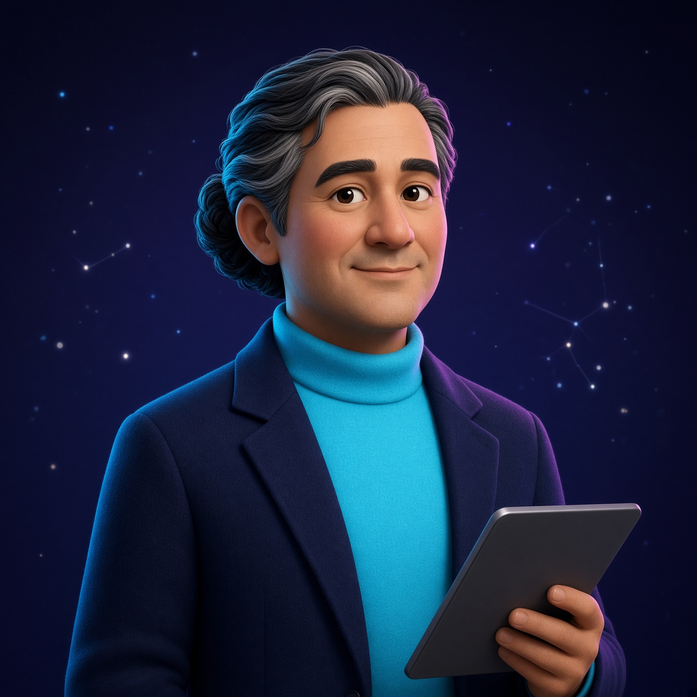 Chief, a calm teammate in a navy blazer holding a tablet