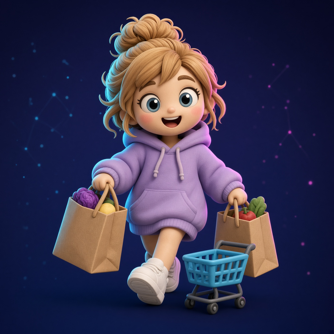 Errand Bot, a cheerful teammate carrying shopping bags