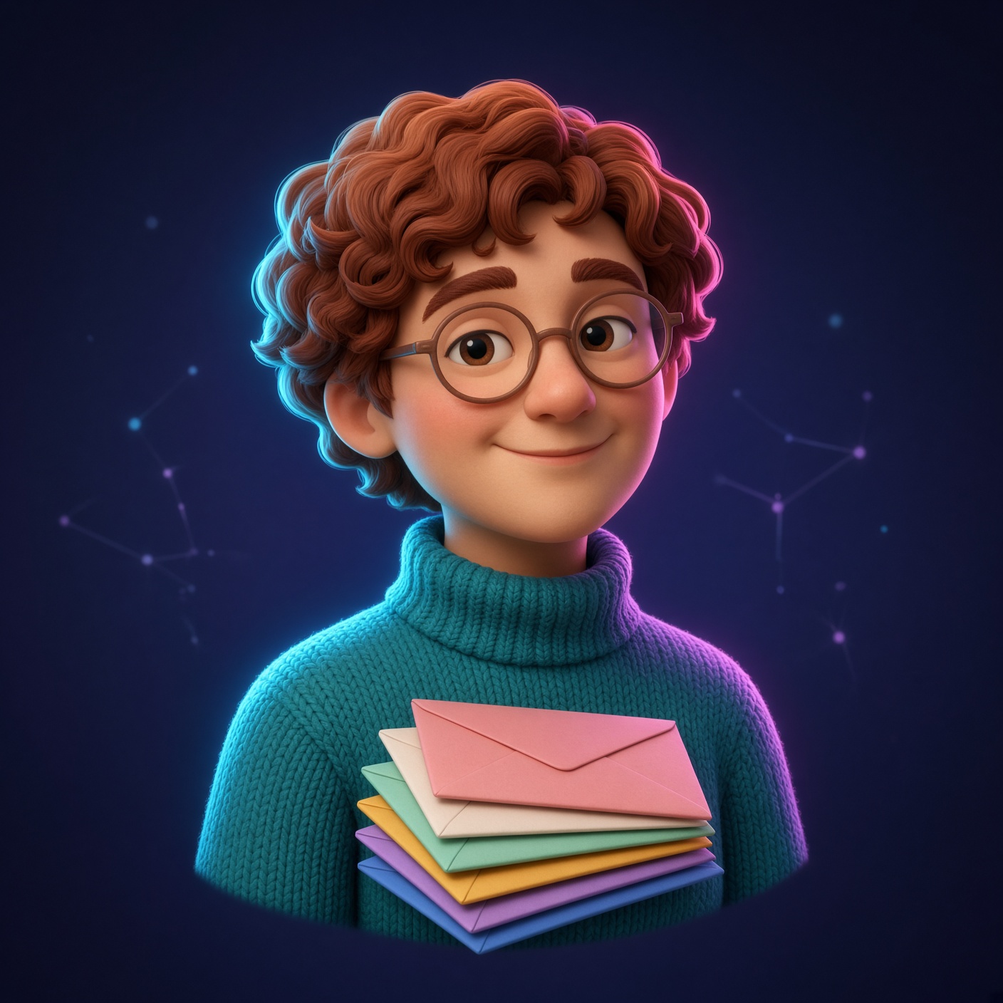 Inbox Pat, a friendly teammate in a teal sweater holding a stack of envelopes